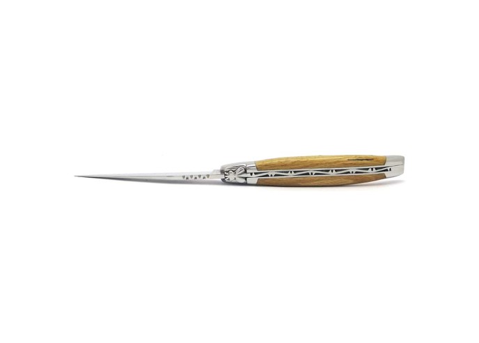 Laguiole pliant, 12 cm, abeille forgée, lame seule, mitres inox brillant, manche Hêtre de l'Aubrac