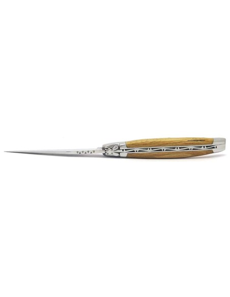 Laguiole pliant, 12 cm, abeille forgée, lame seule, mitres inox brillant, manche Hêtre de l'Aubrac