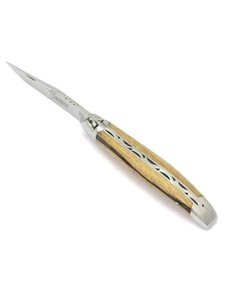 Laguiole pliant, 12 cm, abeille forgée, lame seule, mitres inox brillant, manche Hêtre de l'Aubrac
