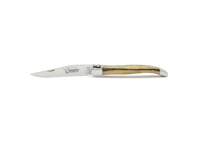 Laguiole pliant, 12 cm, abeille forgée, lame seule, mitres inox brillant, manche Hêtre de l'Aubrac