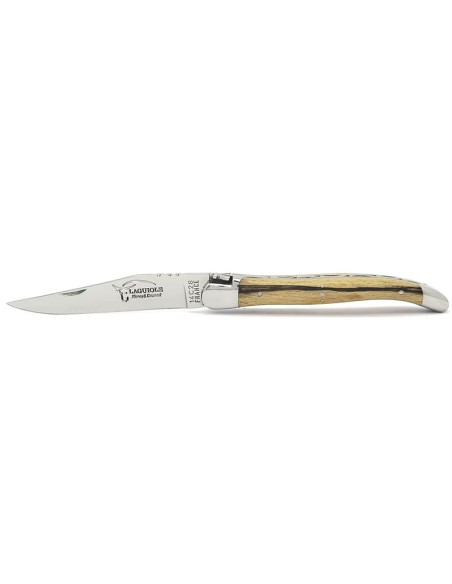 Laguiole pliant, 12 cm, abeille forgée, lame seule, mitres inox brillant, manche Hêtre de l'Aubrac