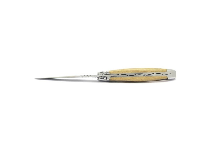 Laguiole pliant, 12 cm, abeille forgée, lame seule, mitres inox brillant, manche Hêtre de l'Aubrac