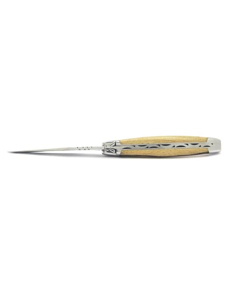 Laguiole pliant, 12 cm, abeille forgée, lame seule, mitres inox brillant, manche Hêtre de l'Aubrac