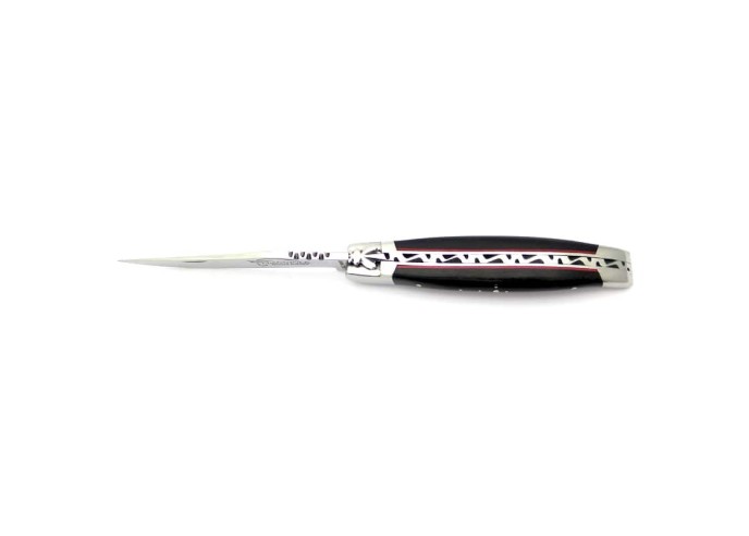Laguiole pliant, 12 cm, abeille forgée, lame seule, mitres inox mat, manche en bois d'ébène