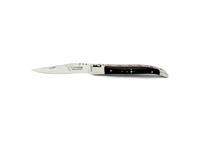 Laguiole pliant, 12 cm, abeille forgée, lame seule, mitres inox mat, manche en bois d'ébène