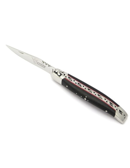 Laguiole pliant, 12 cm, abeille forgée, lame seule, mitres inox mat, manche en bois d'ébène