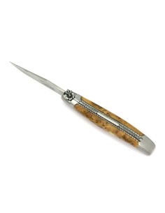 Laguiole pliant, 12 cm, abeille burin, lame seule, doubles platines,  mitres inox brillant, manche pointe de corne claire