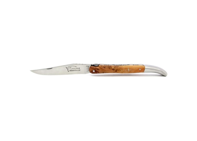 Laguiole pliant, 13 cm, abeille burin, lame seule, doubles platines,  mitre inox mat, manche en genevrier