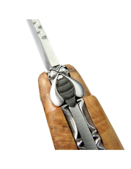 Laguiole pliant, 13 cm, abeille burin, lame seule, doubles platines,  mitre inox mat, manche en genevrier