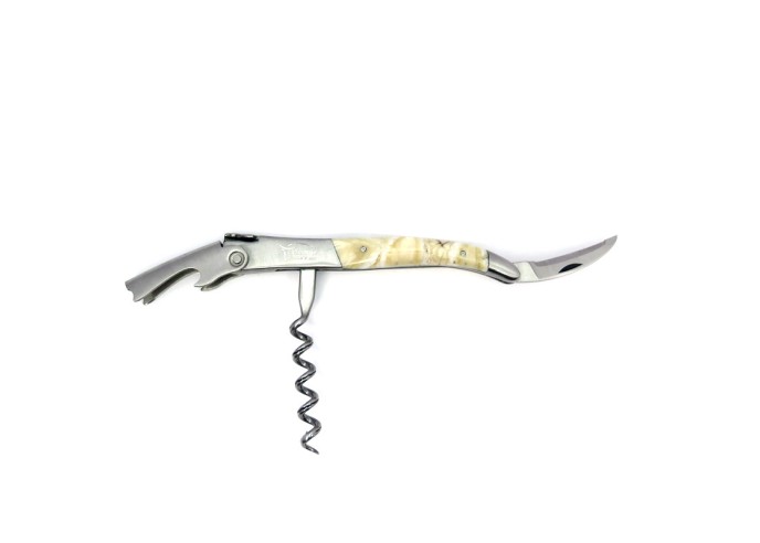 Sommelier manche galbé, manche molaire de mammouth fossile stabilisé, 2 mitres inox mat
