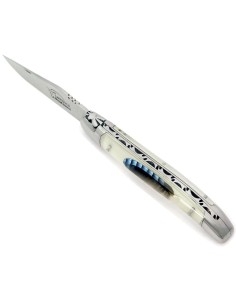Laguiole pliant, 12 cm, abeille forgée, lame seule,  mitres inox brillant, manche en acrylique