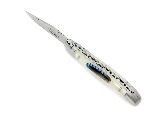 Laguiole pliant, 12 cm, abeille forgée, lame seule,  mitres inox brillant, manche en acrylique