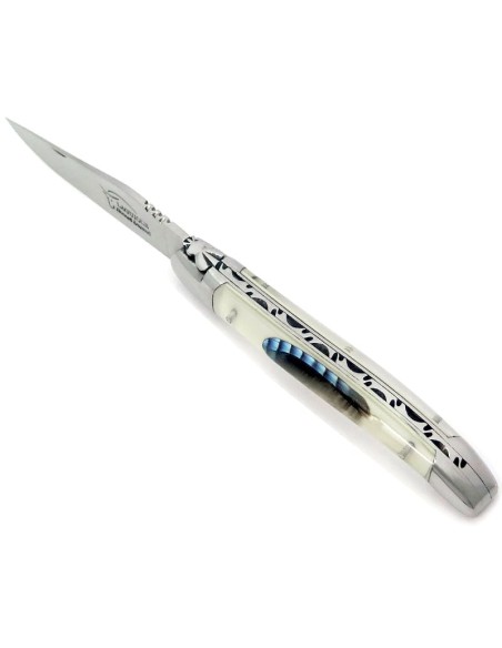 Laguiole pliant, 12 cm, abeille forgée, lame seule,  mitres inox brillant, manche en acrylique