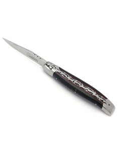 Laguiole pliant, 12 cm, abeille forgée, lame seule, mitres inox mat, manche en pointe de corne, intercalaires rouges