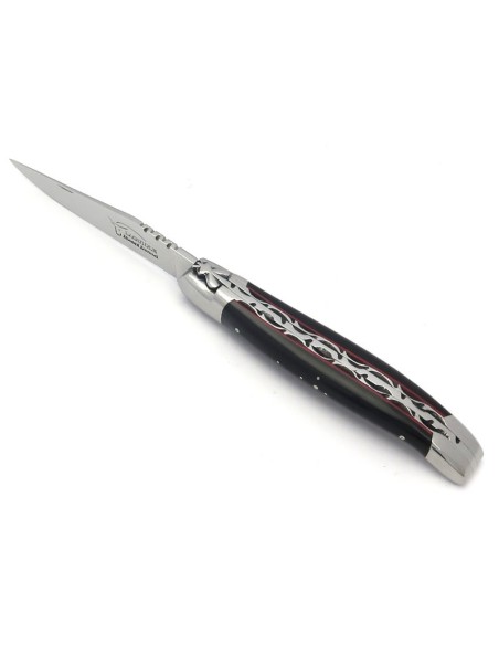 Laguiole pliant, 12 cm, abeille forgée, lame seule, mitres inox mat, manche en pointe de corne, intercalaires rouges