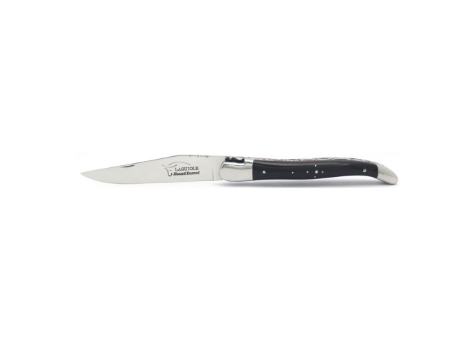 Laguiole pliant, 12 cm, abeille forgée, lame seule, mitres inox mat, manche en pointe de corne, intercalaires rouges