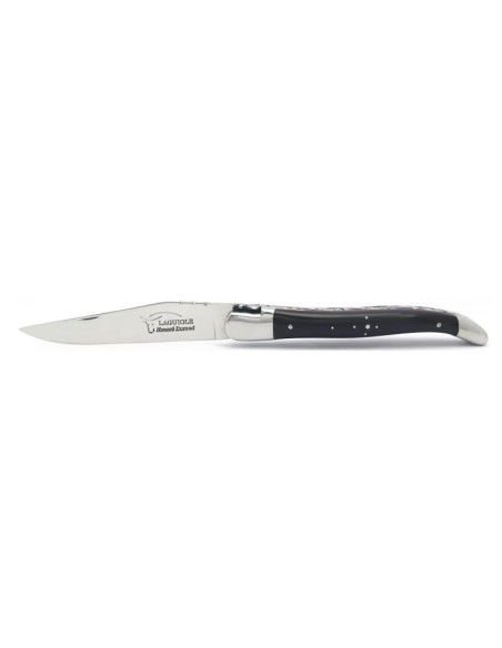 Laguiole pliant, 12 cm, abeille forgée, lame seule, mitres inox mat, manche en pointe de corne, intercalaires rouges