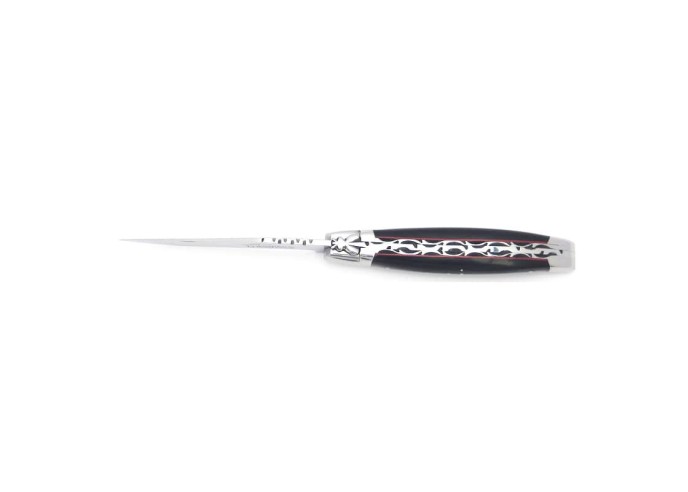 Laguiole pliant, 12 cm, abeille forgée, lame seule, mitres inox mat, manche en pointe de corne, intercalaires rouges