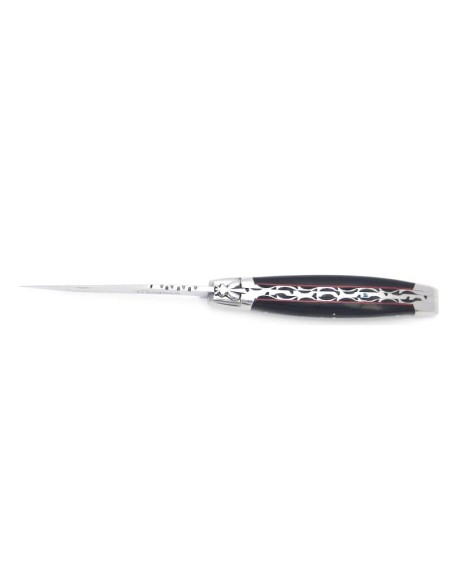 Laguiole pliant, 12 cm, abeille forgée, lame seule, mitres inox mat, manche en pointe de corne, intercalaires rouges