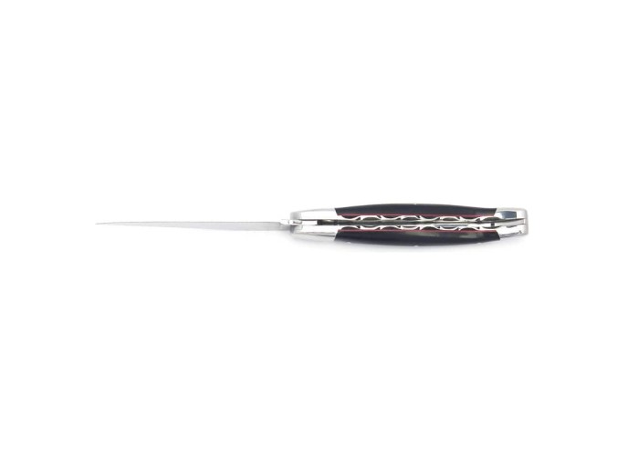 Laguiole pliant, 12 cm, abeille forgée, lame seule, mitres inox mat, manche en pointe de corne, intercalaires rouges