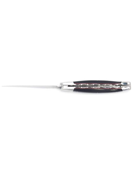 Laguiole pliant, 12 cm, abeille forgée, lame seule, mitres inox mat, manche en pointe de corne, intercalaires rouges