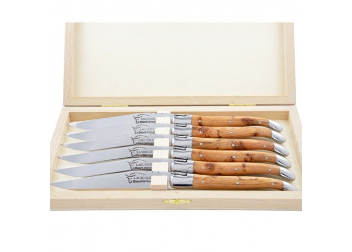 Couteaux de table (couteaux à steak), finition gamme courant, mitres inox, manche bois de genévrier