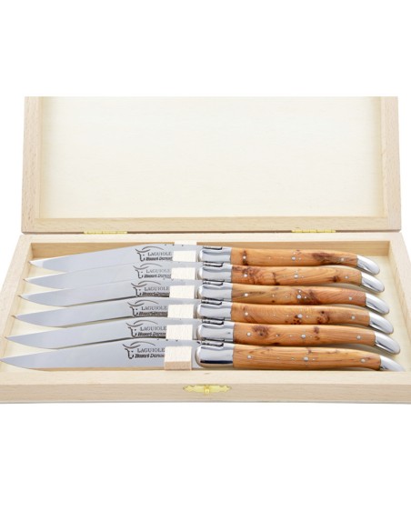 Couteaux de table (couteaux à steak), finition gamme courant, mitres inox, manche bois de genévrier