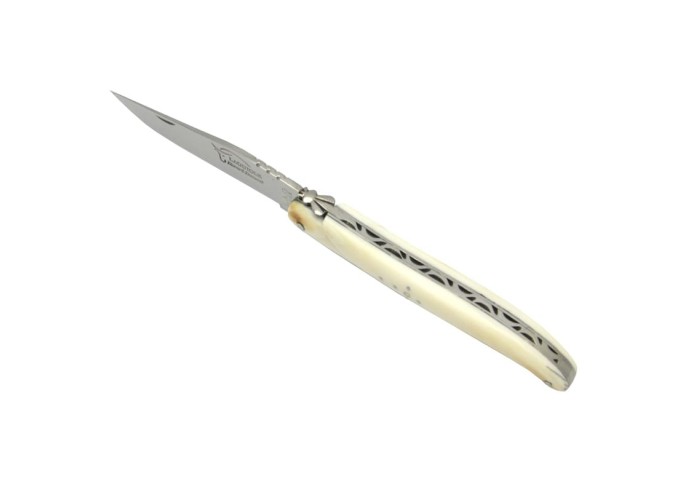 Laguiole pliant, 12 cm, abeille forgée, lame seule, plein manche, manche en dent de phacochere