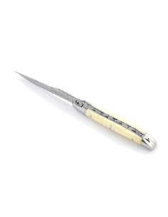 Laguiole pliant, 10 cm, abeille forgée, lame seule, mitres inox brillant, manche en os (bovin)