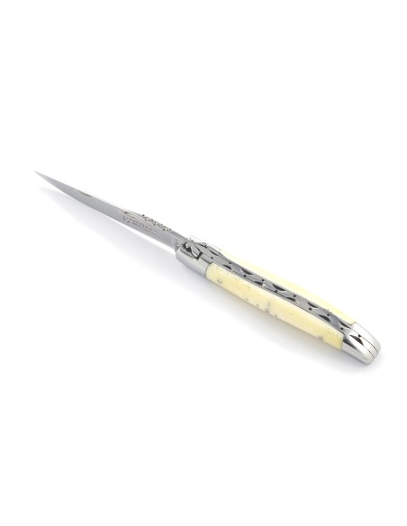Laguiole pliant, 10 cm, abeille forgée, lame seule, mitres inox brillant, manche en os (bovin)