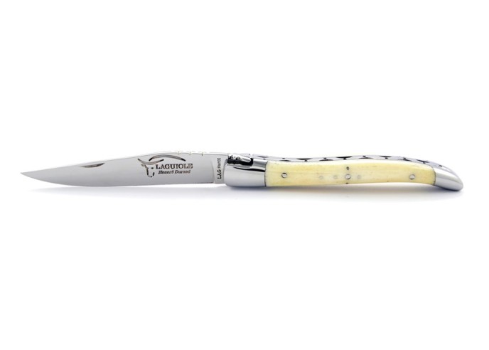 Laguiole pliant, 10 cm, abeille forgée, lame seule, mitres inox brillant, manche en os (bovin)