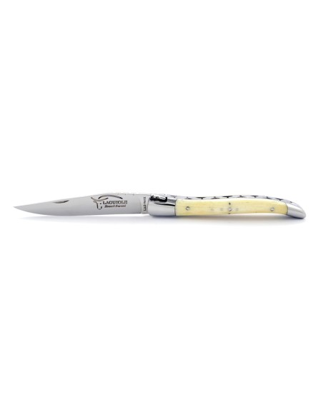 Laguiole pliant, 10 cm, abeille forgée, lame seule, mitres inox brillant, manche en os (bovin)