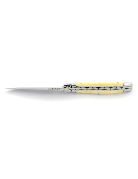 Laguiole pliant, 10 cm, abeille forgée, lame seule, mitres inox brillant, manche en os (bovin)