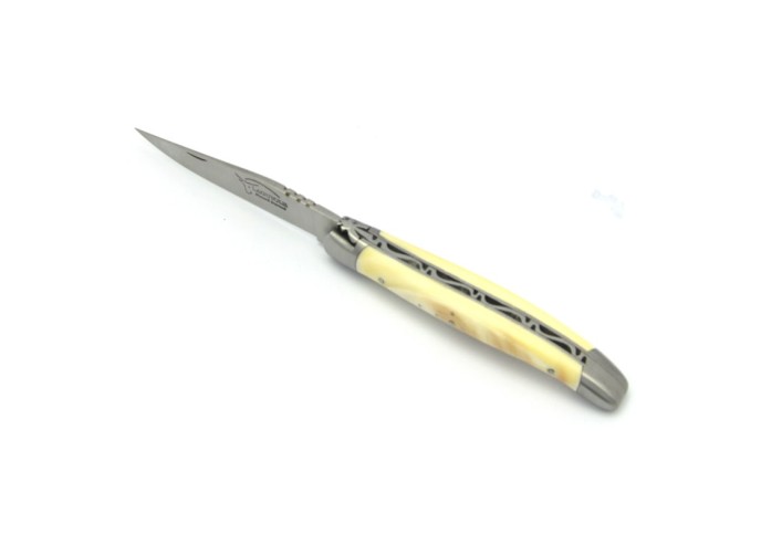 Laguiole pliant, 11 cm, abeille forgée, lame seule, mitres inox mat, manche en dent de phacochere