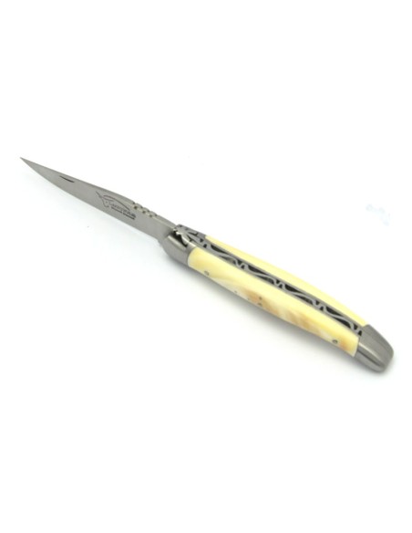 Laguiole pliant, 11 cm, abeille forgée, lame seule, mitres inox mat, manche en dent de phacochere