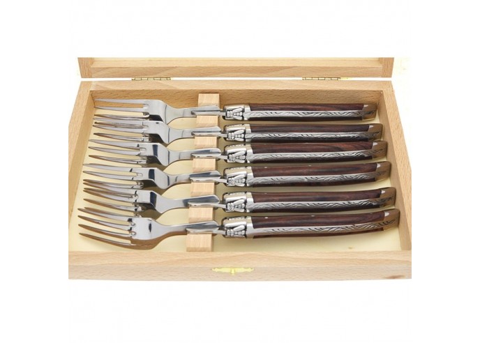 Laguiole forks with matt stainless steel bolsters. Slim purplewood handles