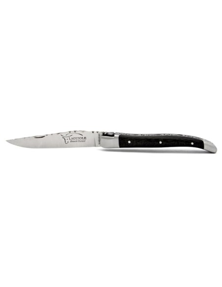 Laguiole pliant, 10 cm, abeille forgée, lame seule, ciselé dessus dessous, mitres inox mat, manche en fibre de carbone