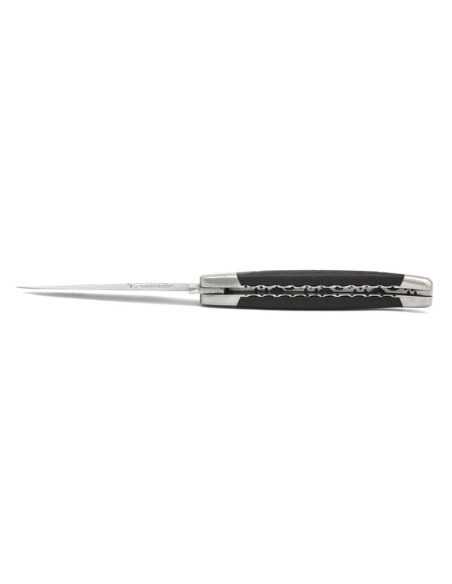 Laguiole pliant, 10 cm, abeille forgée, lame seule, ciselé dessus dessous, mitres inox mat, manche en fibre de carbone