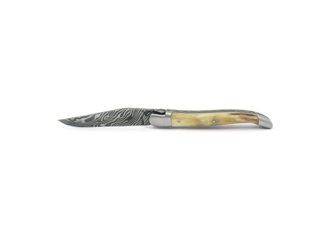 laguiole pocket knife 12 cm bee and spring chiseled with file damascus steel blade pale horn tip handle