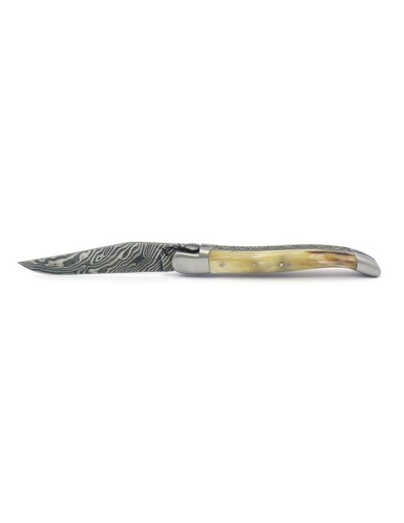 Laguiole pliant, 12 cm, lame Damas mosaïque, abeille et ressort ciselés burin, manche en pointe de corne foncée