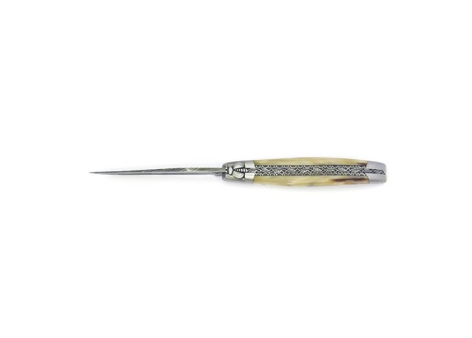 laguiole 12cm damast klinge biene und feder mit meissel handziseliert griff aus hornspitze