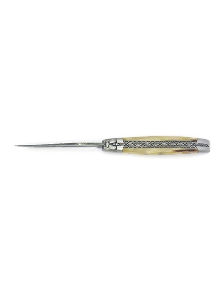 laguiole pocket knife 12 cm bee and spring chiseled with file damascus steel blade pale horn tip handle
