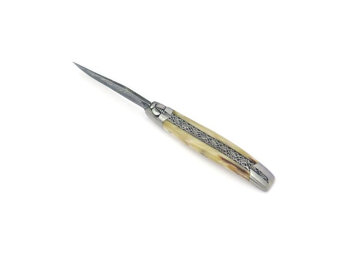 laguiole pocket knife 12 cm bee and spring chiseled with file damascus steel blade pale horn tip handle