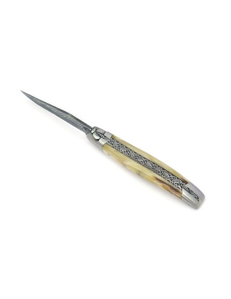 laguiole pocket knife 12 cm bee and spring chiseled with file damascus steel blade pale horn tip handle