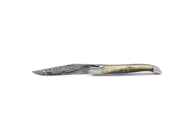 laguiole pocket knife 12 cm bee and spring chiseled with file damascus steel blade pale horn tip handle