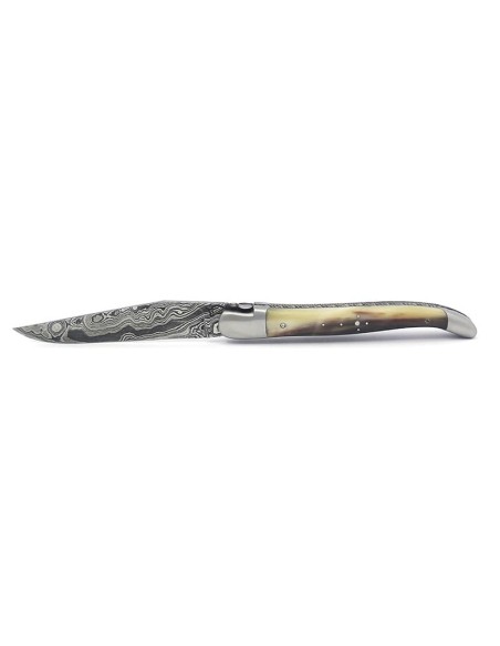 Laguiole pliant, 12 cm, lame Damas sauvage, abeille et ressort ciselés burin, manche en pointe de corne claire