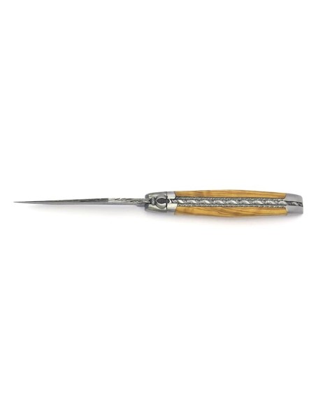 Laguiole pliant, 12 cm, lame Damas sauvage, abeille burin, ressort et platines ciselés burin, manche en olivier