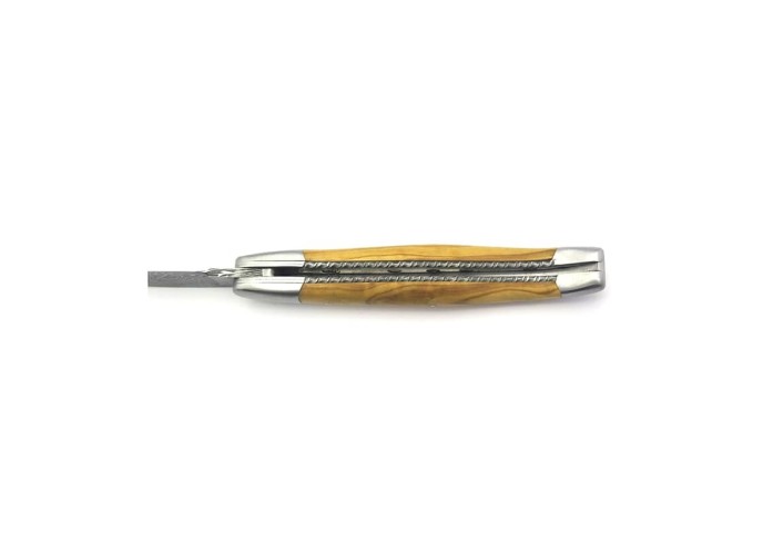 Laguiole pliant, 12 cm, lame Damas sauvage, abeille burin, ressort et platines ciselés burin, manche en olivier