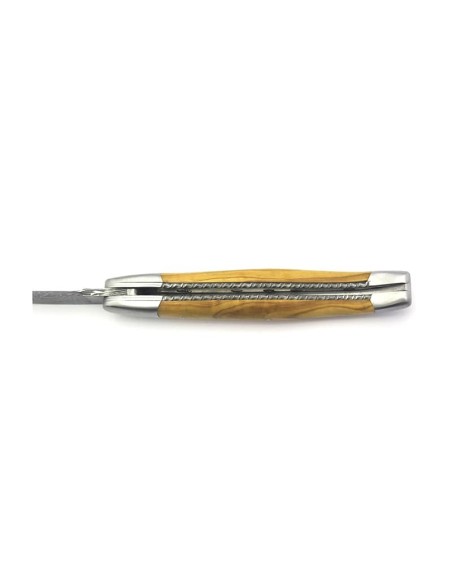 laguiole 12cm damast klinge biene und feder mit meissel handziseliert griff aus Olivenholz