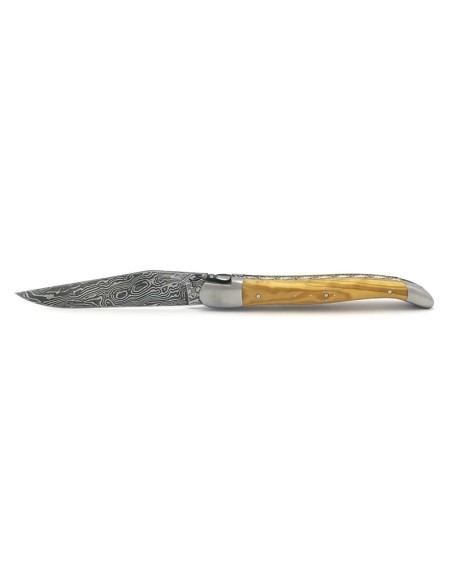 Laguiole pliant, 12 cm, lame Damas sauvage, abeille burin, ressort et platines ciselés burin, manche en olivier